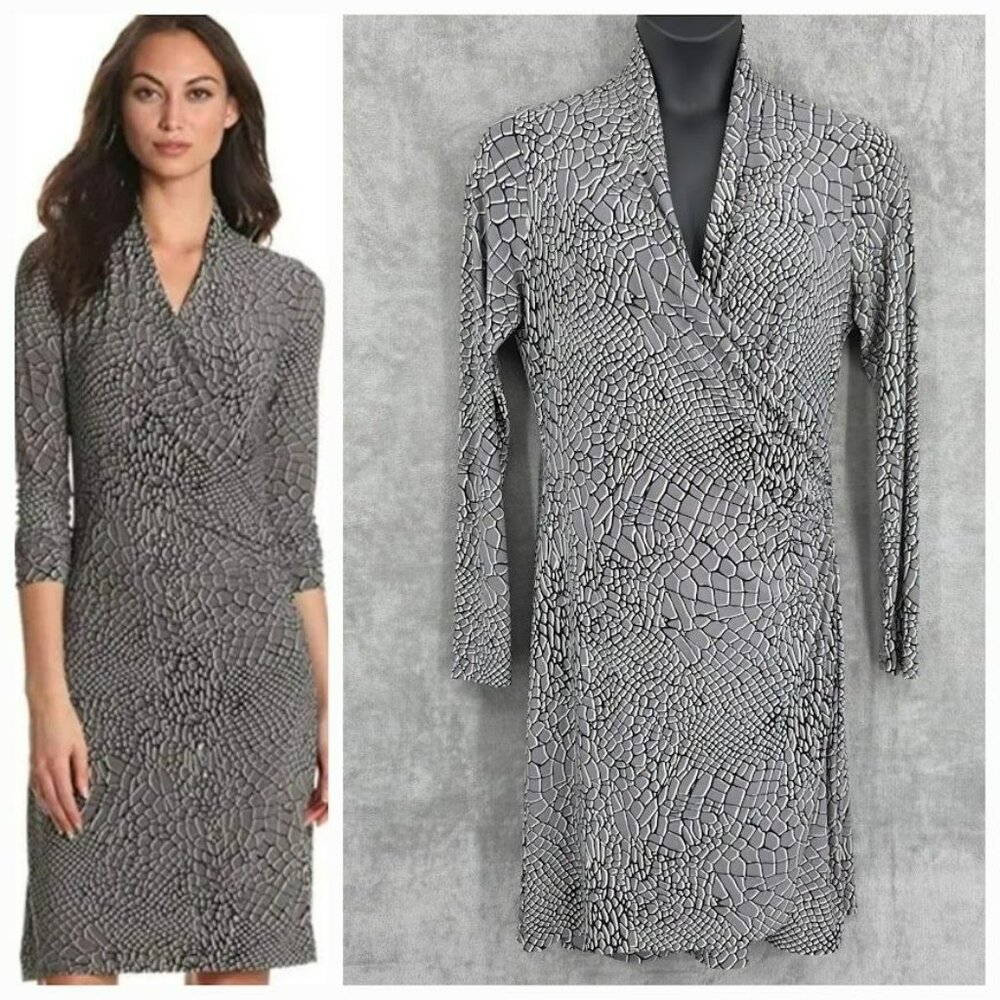Norma Kamali Kulture Faux Wrap Dress XL Grey Black Alligator Designer Mob Wife